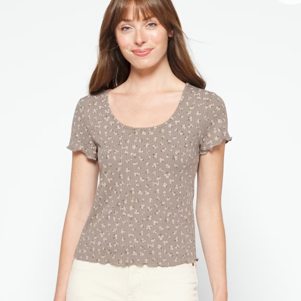 Market & Spruce Olive Green & White Floral Lattice Back Top, Size Small